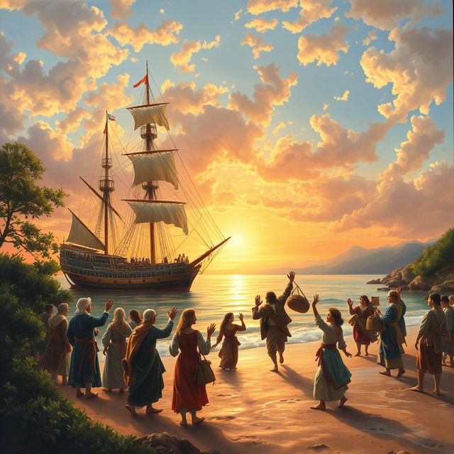 A vibrant painting depicting a majestic ship arriving at a scenic coastline