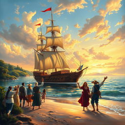 A vibrant painting depicting a majestic ship arriving at a scenic coastline