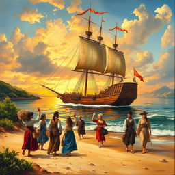 A vibrant painting depicting a majestic ship arriving at a scenic coastline