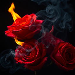 A dramatic composition featuring vibrant burning roses with flames licking at their petals