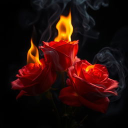 A dramatic composition featuring vibrant burning roses with flames licking at their petals