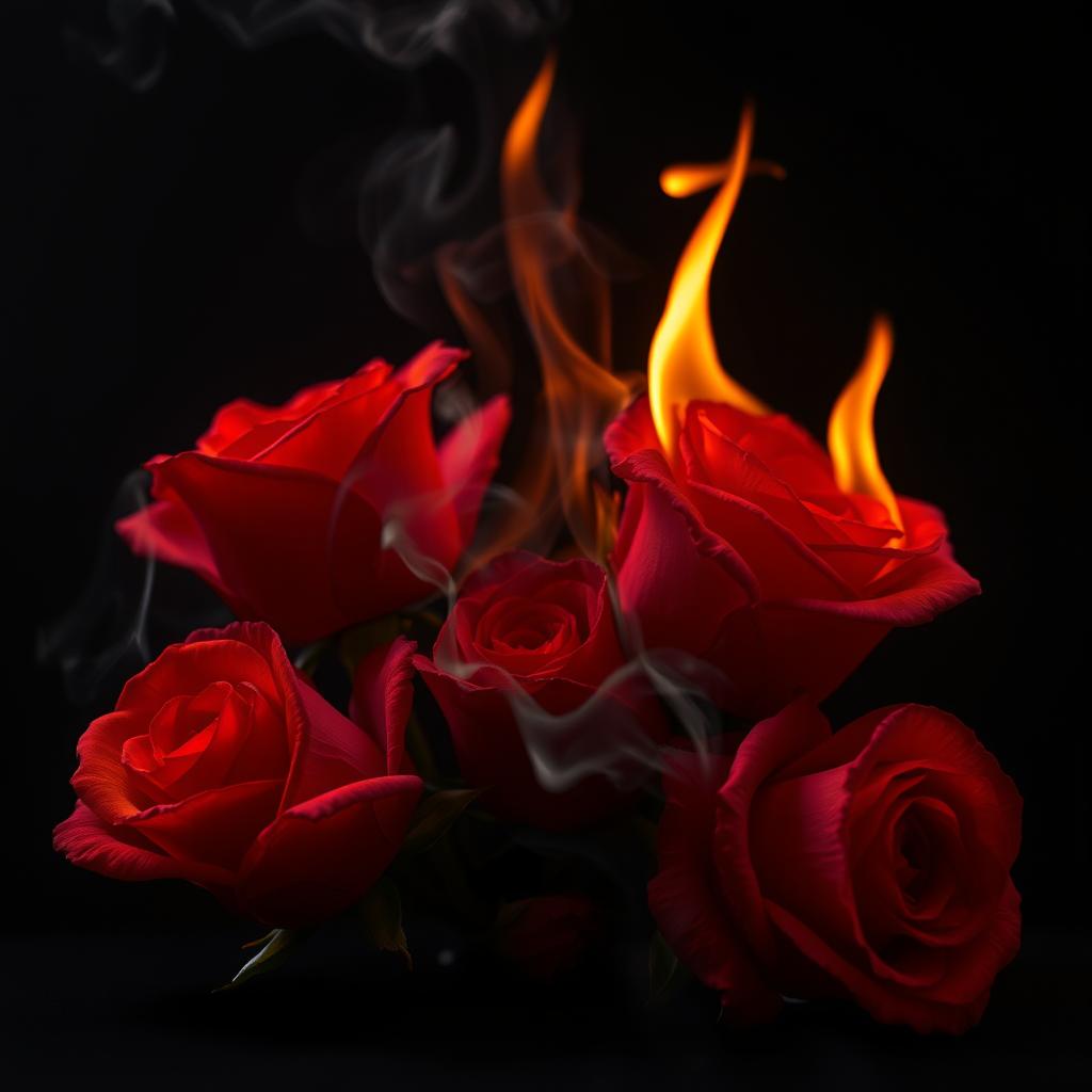 A dramatic composition featuring vibrant burning roses with flames licking at their petals