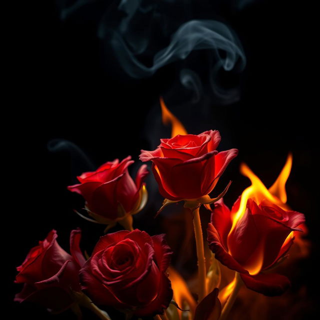 A dramatic composition featuring vibrant burning roses with flames licking at their petals