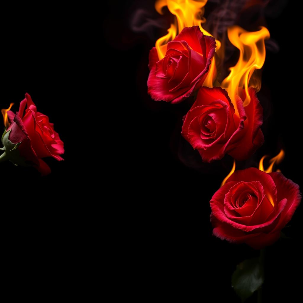 A captivating visual of burning roses with vibrant flames engulfing their petals