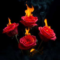 A captivating visual of burning roses with vibrant flames engulfing their petals