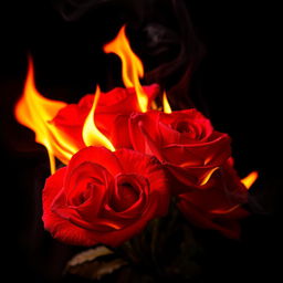 A captivating visual of burning roses with vibrant flames engulfing their petals