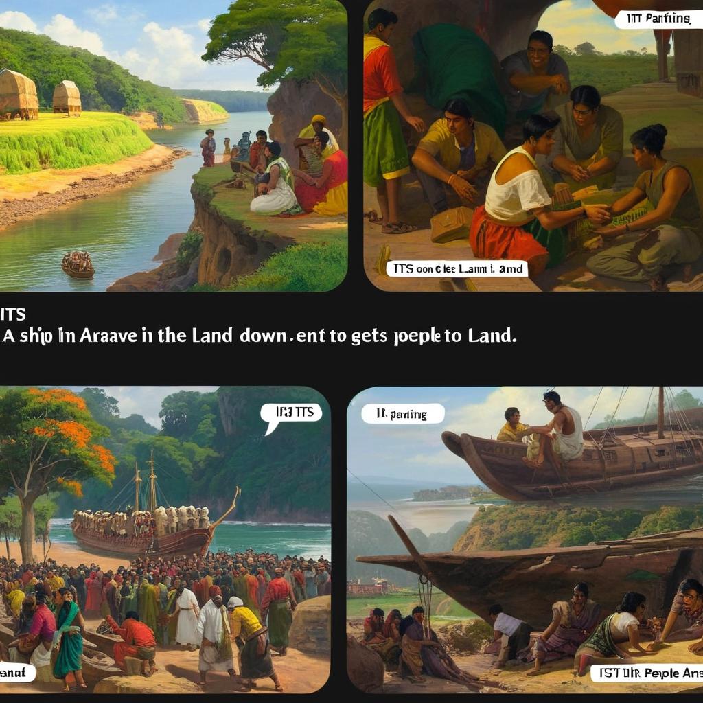 A ship that arrave in the land, and some of the people get down to land. Iits a painting