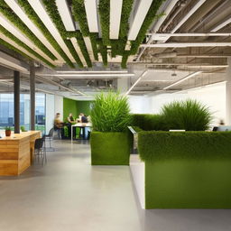 A modern tech company reception area infused with green elements and a view into an open office space.