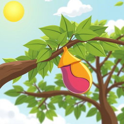 A simple cartoon-style butterfly cocoon hanging on a tree branch during the daytime