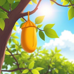 A simple cartoon-style butterfly cocoon hanging on a tree branch during the daytime