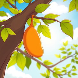 A simple cartoon-style butterfly cocoon hanging on a tree branch during the daytime