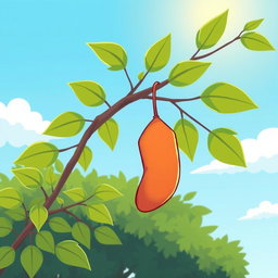 A simple cartoon-style butterfly cocoon hanging on a tree branch during the daytime