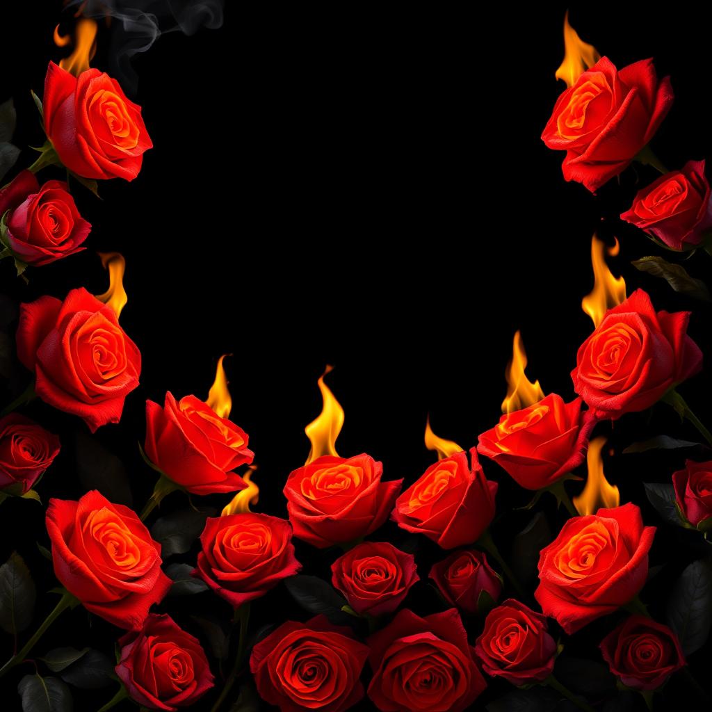 A stunning arrangement of burning roses completely bordering a solid black background