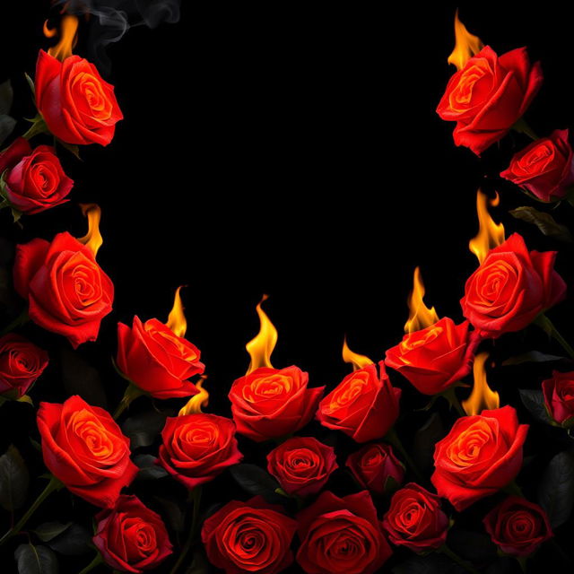 A stunning arrangement of burning roses completely bordering a solid black background