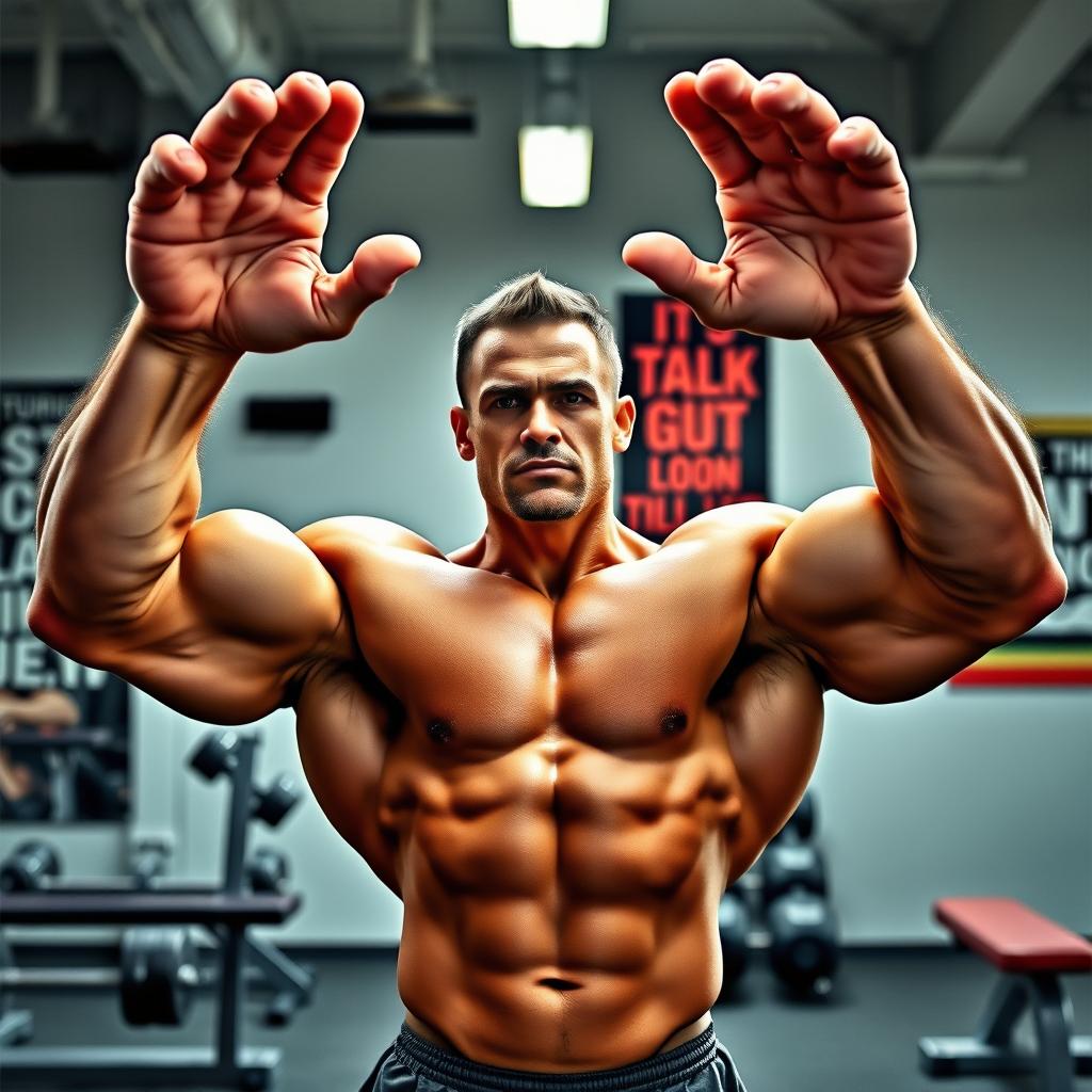A muscular man with significantly enlarged hands, showcasing massive biceps and triceps, confidently posing with his arms raised