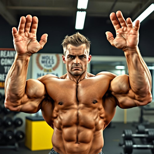 A muscular man with significantly enlarged hands, showcasing massive biceps and triceps, confidently posing with his arms raised