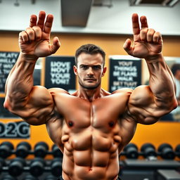 A muscular man with significantly enlarged hands, showcasing massive biceps and triceps, confidently posing with his arms raised