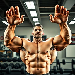 A muscular man with significantly enlarged hands, showcasing massive biceps and triceps, confidently posing with his arms raised