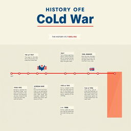An engaging and clear infographic illustrating the history of the Cold War, featuring a timeline that includes key events such as the start of the Cold War in 1947, the Berlin Blockade in 1948, the Korean War from 1950 to 1953, the Cuban Missile Crisis in 1962, and the fall of the Berlin Wall in 1989
