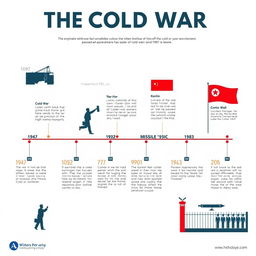 An engaging and clear infographic illustrating the history of the Cold War, featuring a timeline that includes key events such as the start of the Cold War in 1947, the Berlin Blockade in 1948, the Korean War from 1950 to 1953, the Cuban Missile Crisis in 1962, and the fall of the Berlin Wall in 1989