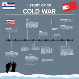 An engaging and clear infographic illustrating the history of the Cold War, featuring a timeline that includes key events such as the start of the Cold War in 1947, the Berlin Blockade in 1948, the Korean War from 1950 to 1953, the Cuban Missile Crisis in 1962, and the fall of the Berlin Wall in 1989