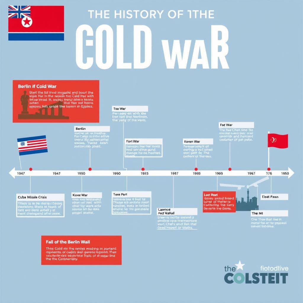 An engaging and clear infographic illustrating the history of the Cold War, featuring a timeline that includes key events such as the start of the Cold War in 1947, the Berlin Blockade in 1948, the Korean War from 1950 to 1953, the Cuban Missile Crisis in 1962, and the fall of the Berlin Wall in 1989