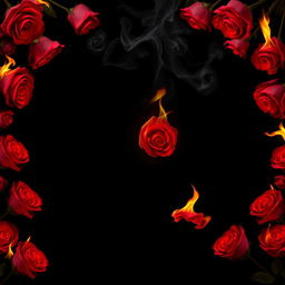 An enchanting scene of burning roses completely bordering a solid black background