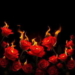 An enchanting scene of burning roses completely bordering a solid black background