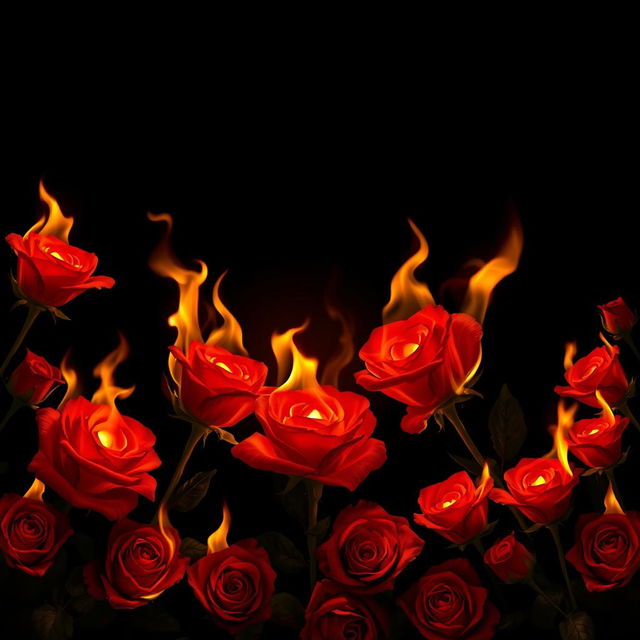 An enchanting scene of burning roses completely bordering a solid black background