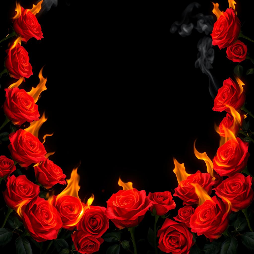 An enchanting scene of burning roses completely bordering a solid black background