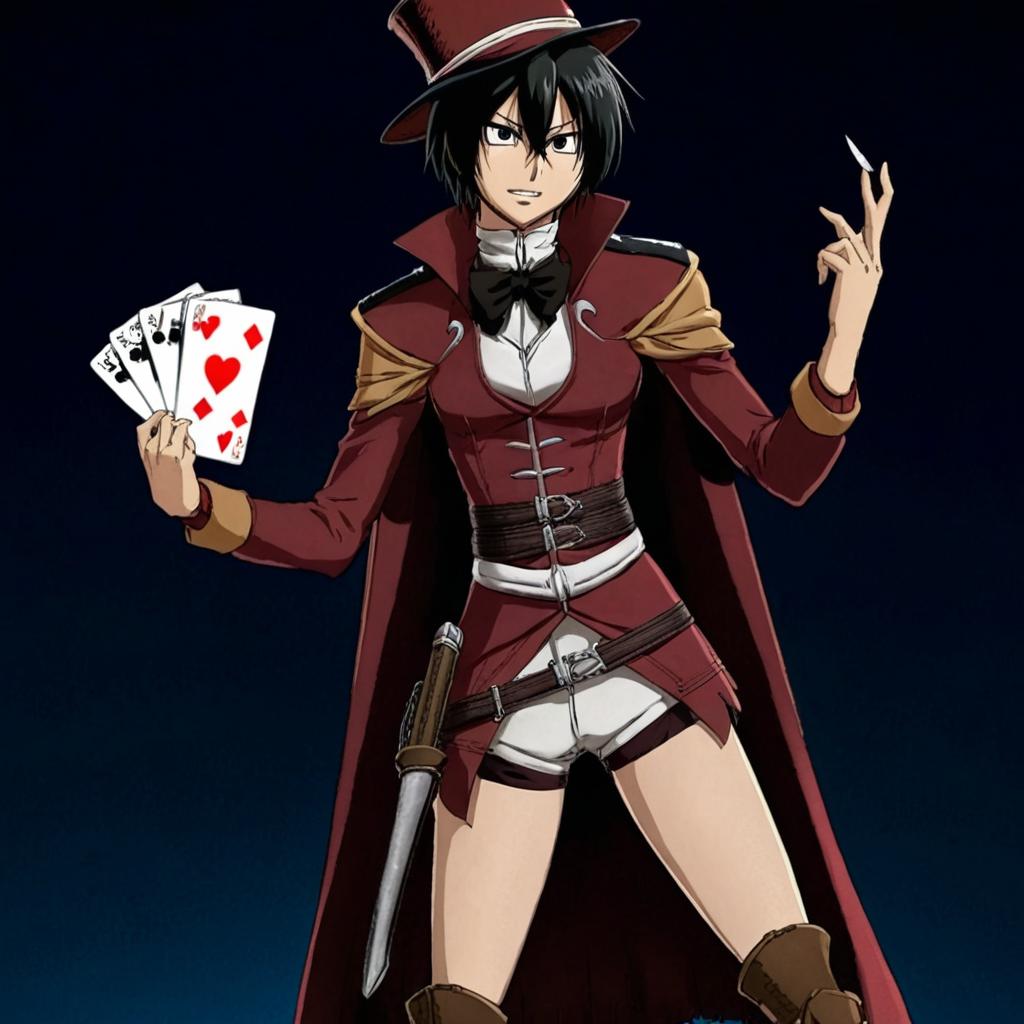 Mikasa del anime shingeki no kyogin con la ropa facilier de la princesa y el sapo de disney y con cartas budu en la mano