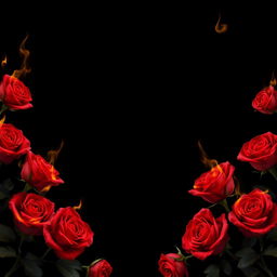 An artistic depiction of burning roses completely bordering a solid black background