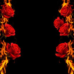 An artistic depiction of burning roses completely bordering a solid black background