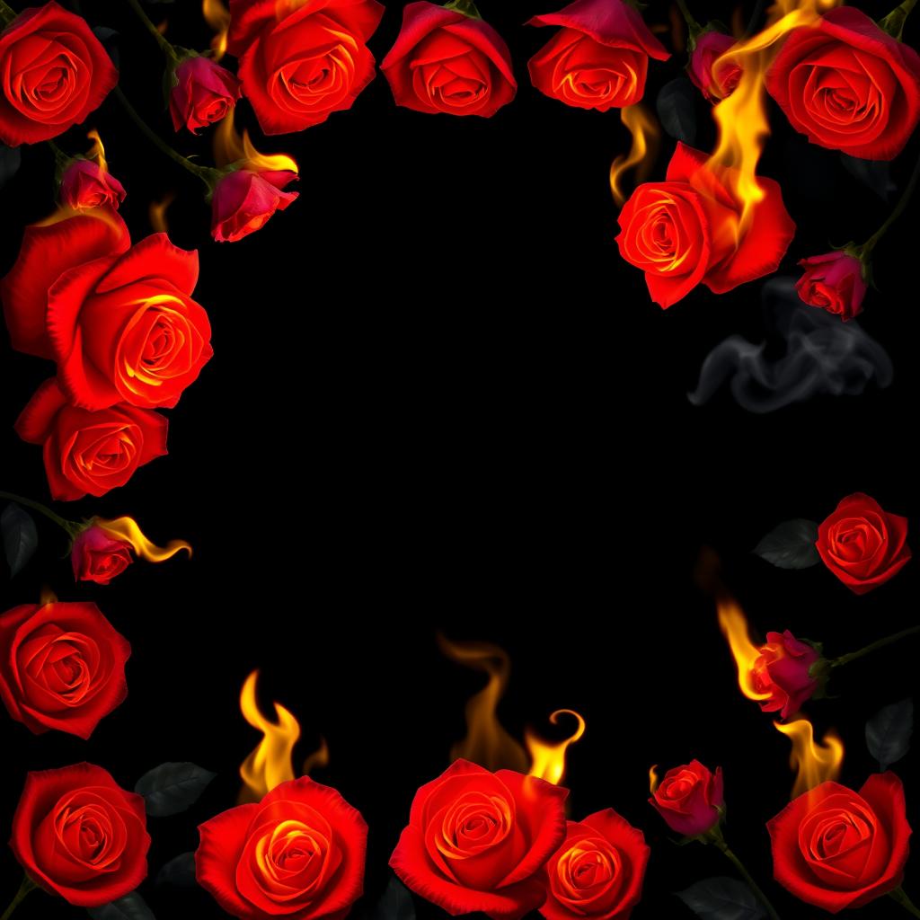 An artistic depiction of burning roses completely bordering a solid black background