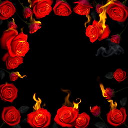 An artistic depiction of burning roses completely bordering a solid black background
