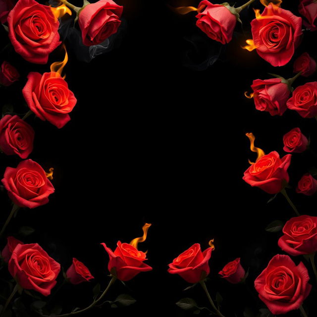 An artistic depiction of burning roses completely bordering a solid black background