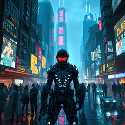 A stunning cyberpunk cityscape at night, showcasing towering skyscrapers with neon lights casting vibrant reflections on wet streets