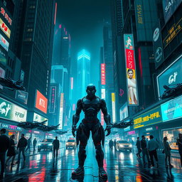 A stunning cyberpunk cityscape at night, showcasing towering skyscrapers with neon lights casting vibrant reflections on wet streets