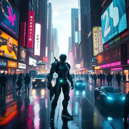 A stunning cyberpunk cityscape at night, showcasing towering skyscrapers with neon lights casting vibrant reflections on wet streets