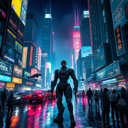 A stunning cyberpunk cityscape at night, showcasing towering skyscrapers with neon lights casting vibrant reflections on wet streets