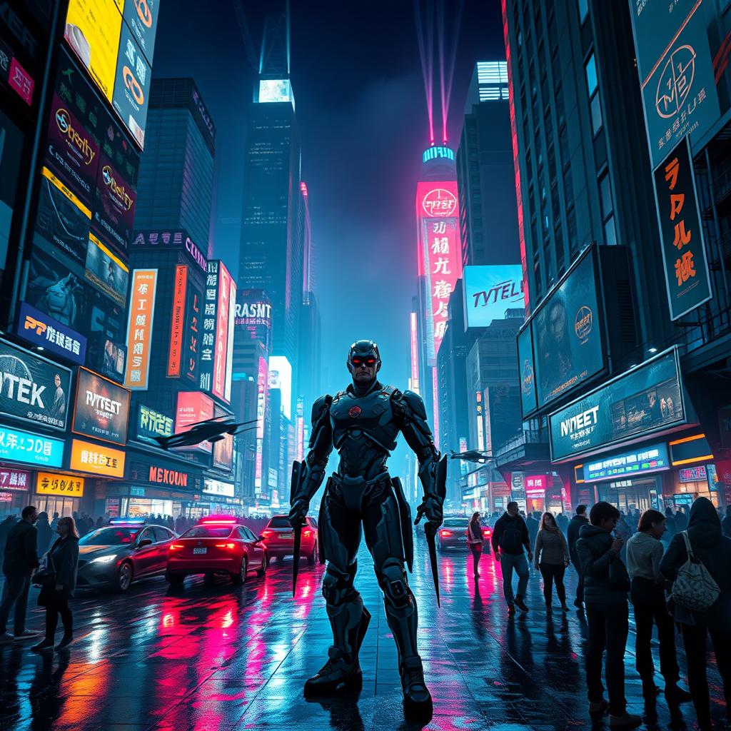 A stunning cyberpunk cityscape at night, showcasing towering skyscrapers with neon lights casting vibrant reflections on wet streets