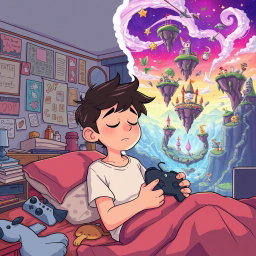 Illustration of a young character named Felis, dozing off with a gaming controller in hand