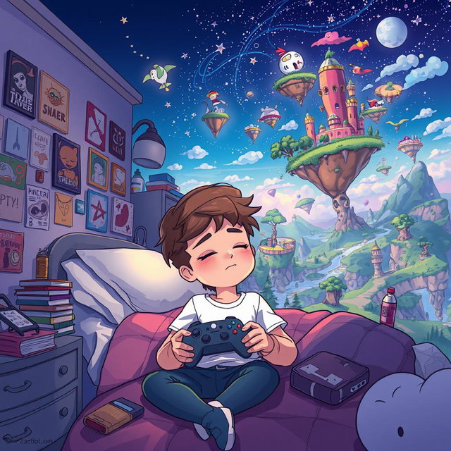 Illustration of a young character named Felis, dozing off with a gaming controller in hand