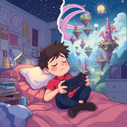 Illustration of a young character named Felis, dozing off with a gaming controller in hand
