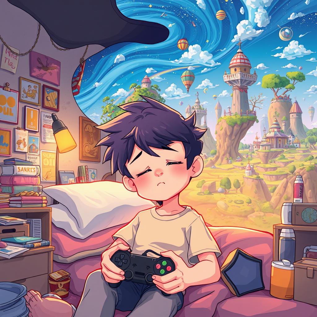 Illustration of a young character named Felis, dozing off with a gaming controller in hand