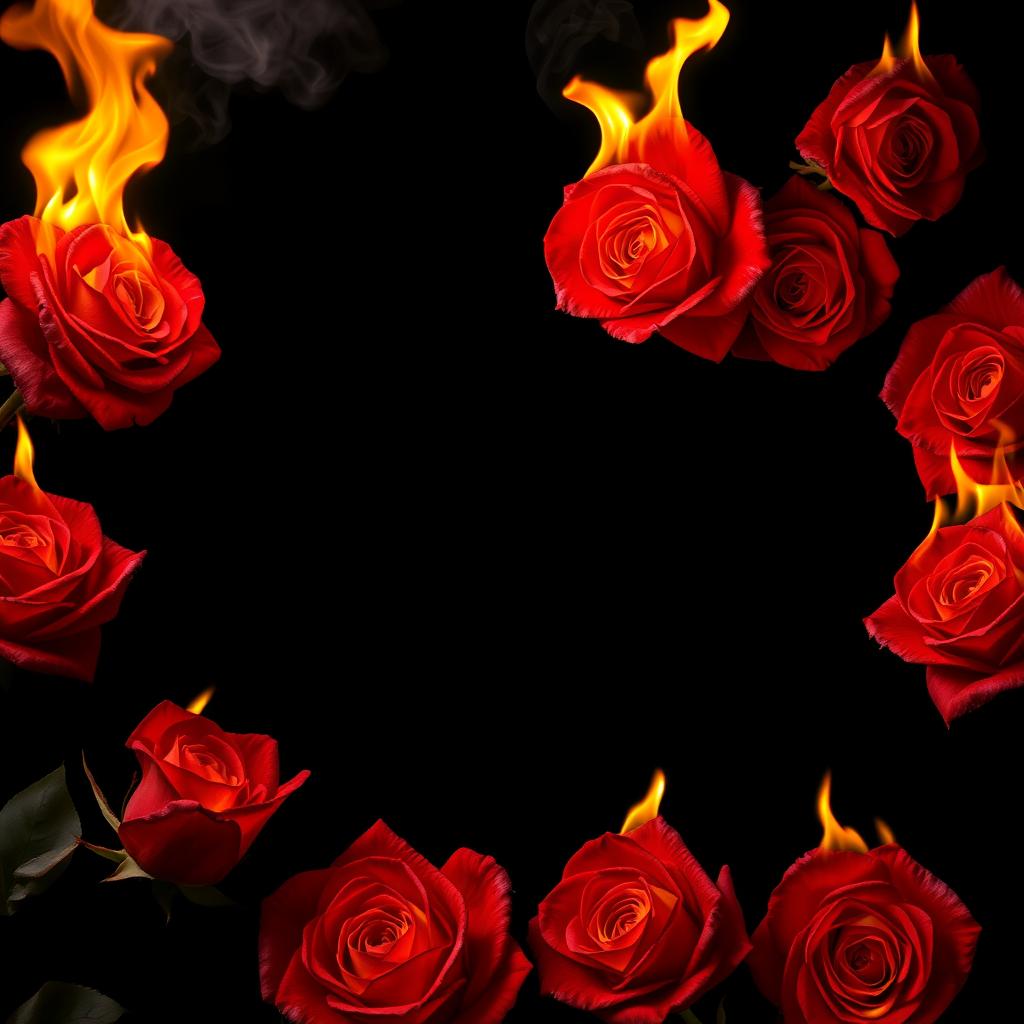 A hyper-realistic portrayal of burning roses completely bordering a solid black background