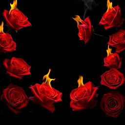 A hyper-realistic portrayal of burning roses completely bordering a solid black background