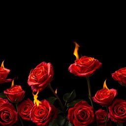 A hyper-realistic portrayal of burning roses completely bordering a solid black background