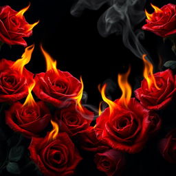 A hyper-realistic portrayal of burning roses completely bordering a solid black background