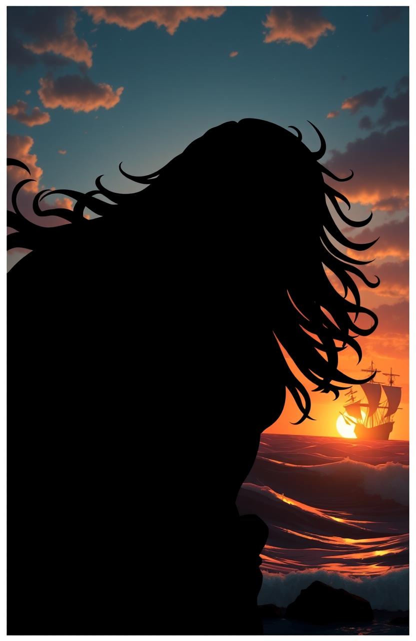 The shadow of a strong man, with long flowing hair, a prominent mustache, and a full beard, reminiscent of a character from One Piece